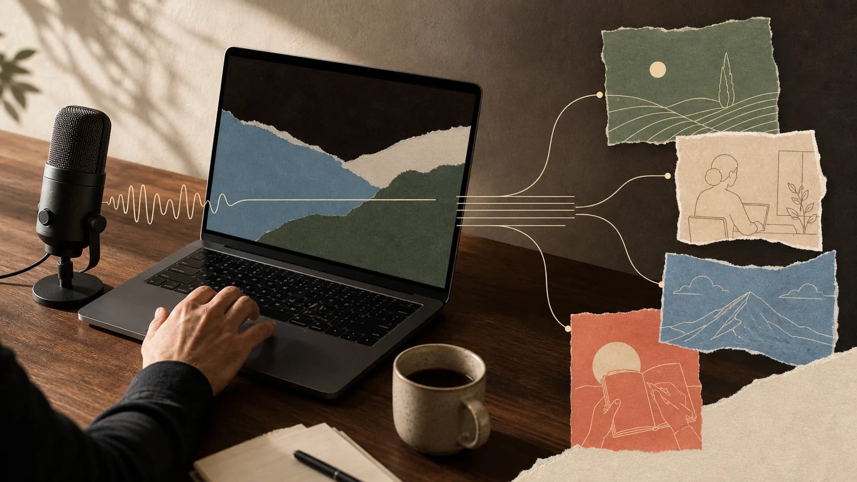 Microphone and Mac laptop connected by a waveform to several writing workflows