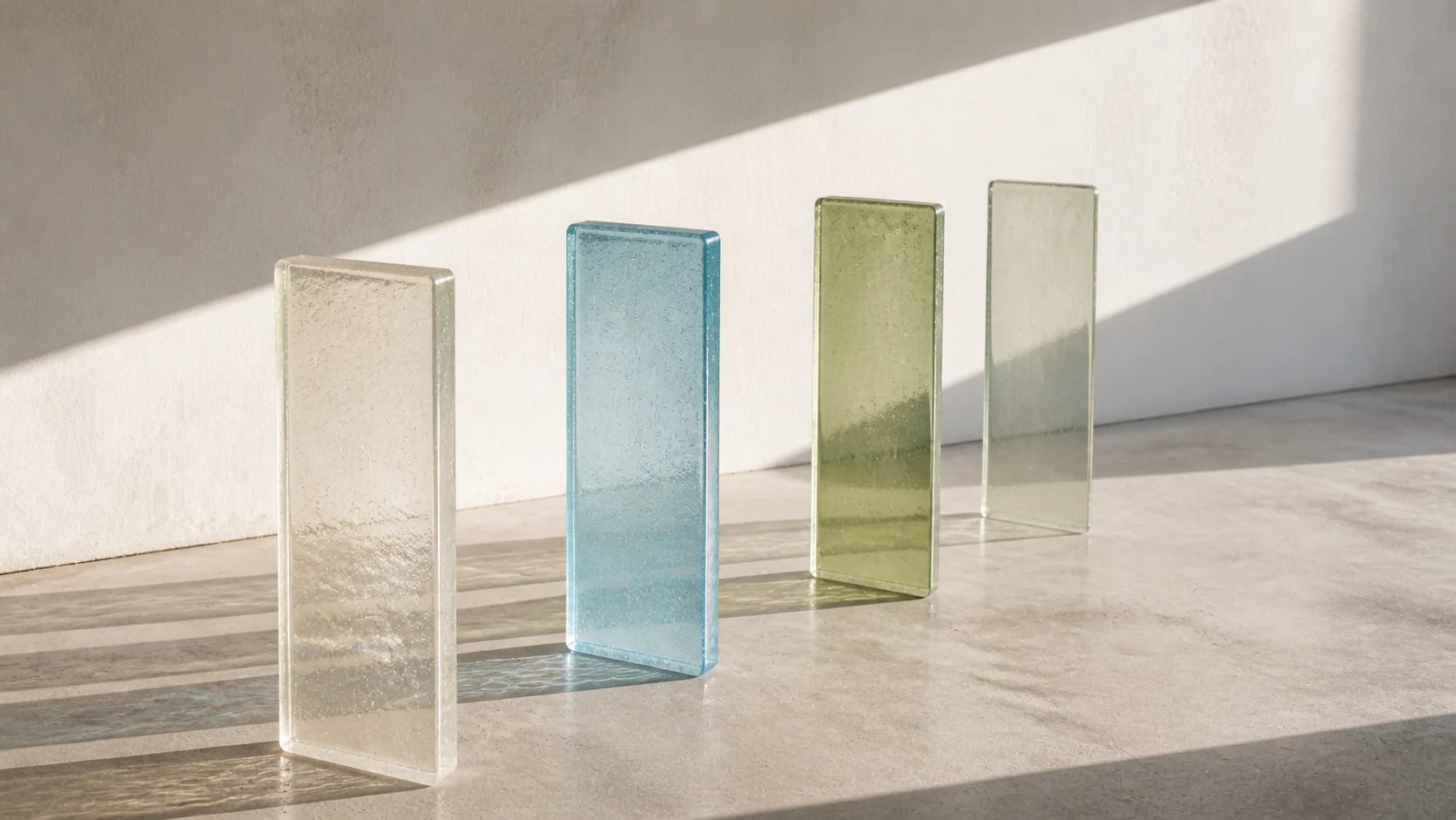 Four translucent panels standing in daylight as a clear reusable prompt structure