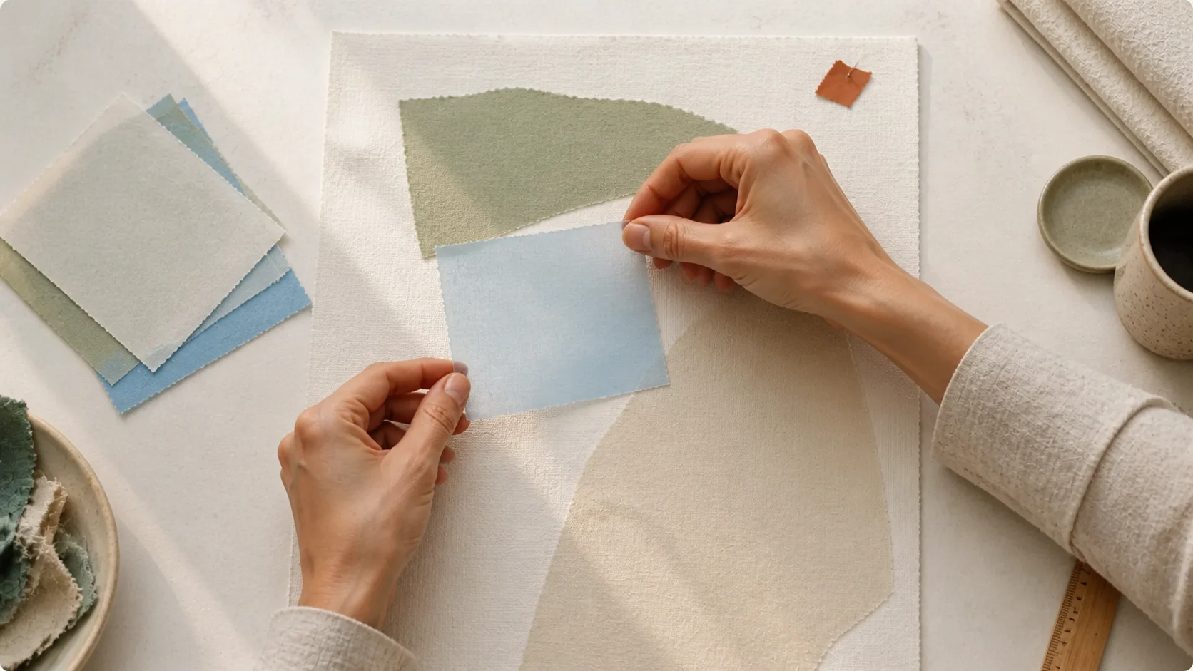 Hands selecting one pale-blue layer for a precise edit