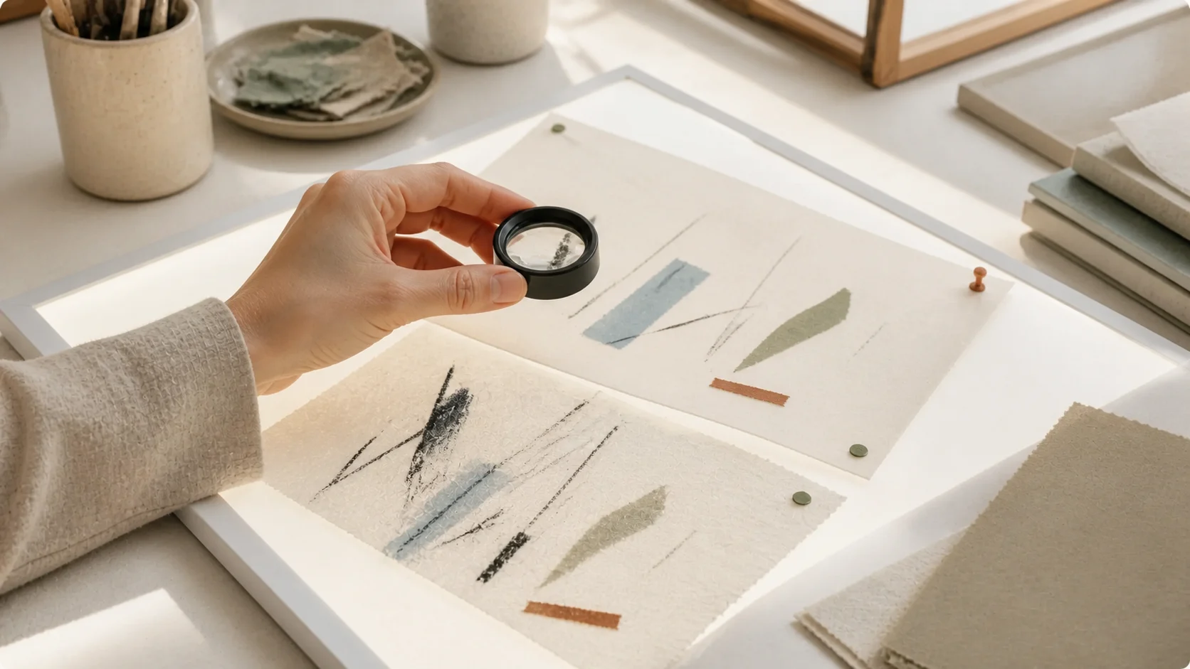 A hand checking aligned source and result layers on a light table