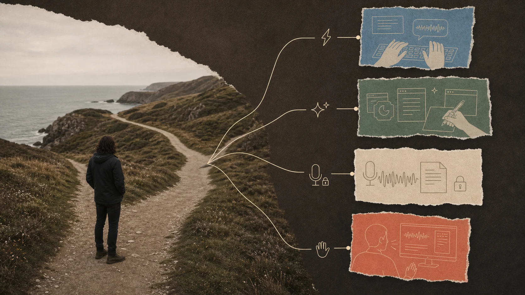 A person choosing among four voice workflows for quick text, polished writing, private transcription, and hands-free control