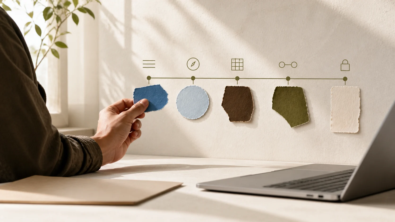 A person compares five tactile work categories beside a modern MacBook.
