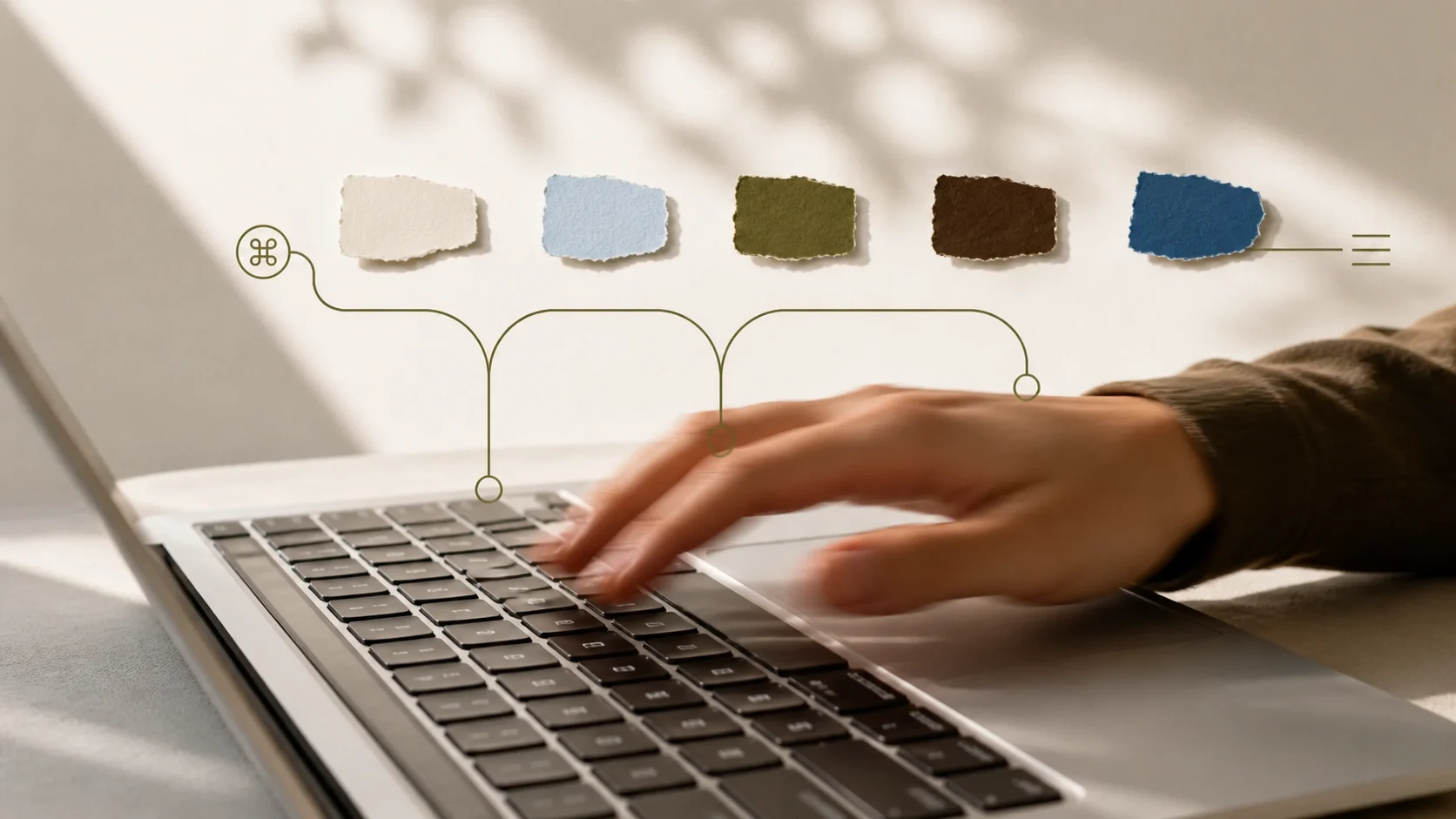 A hand moves across a Mac keyboard while five shortcut steps connect into one workflow.