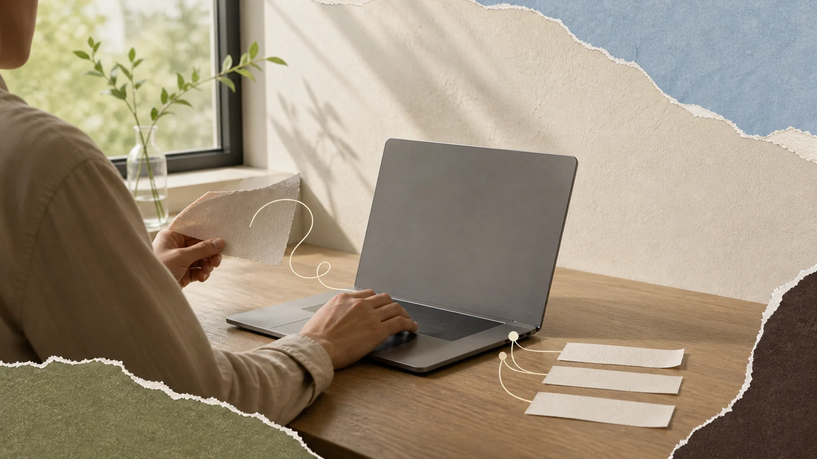 A professional reviewing a rough note beside a Mac as one idea becomes three blank subject-line options