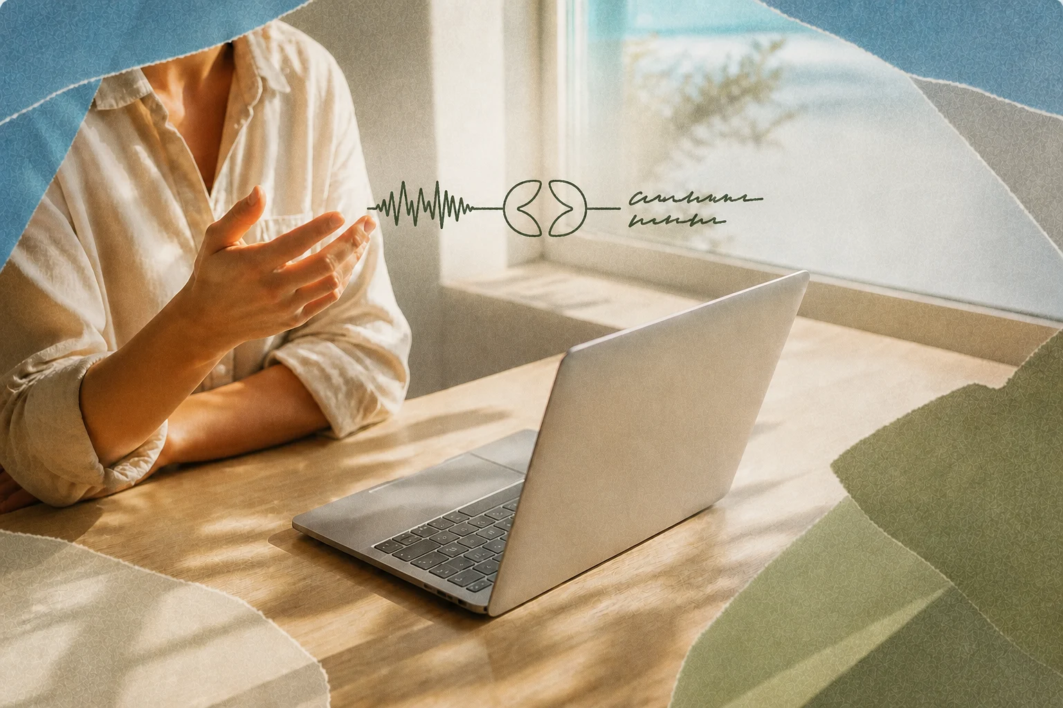 A person uses Voice Mode beside a laptop as a hand-drawn waveform becomes text